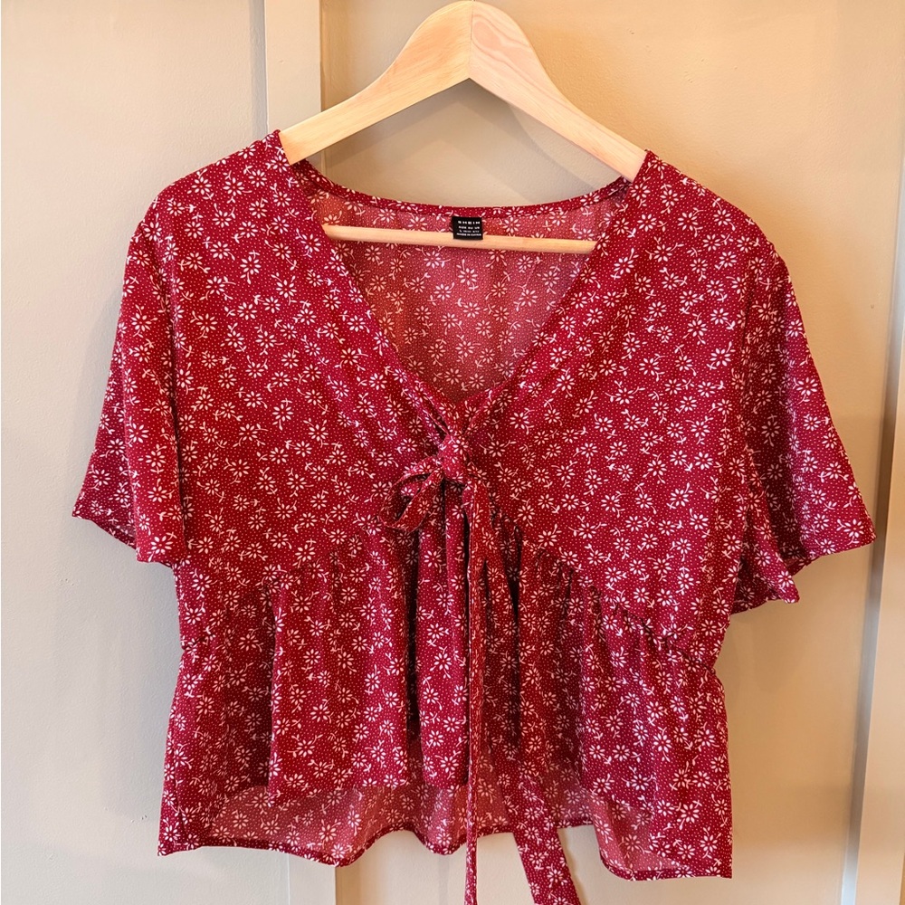 SHEIN Red Floral Babydoll Crop Top Size Large Tie Front